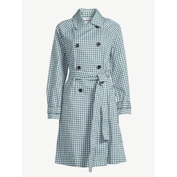 Free Assembly Jackets & Blazers - FreeAssembly XS Trench Coat Plaid Green Double Breasted 100% Cotton